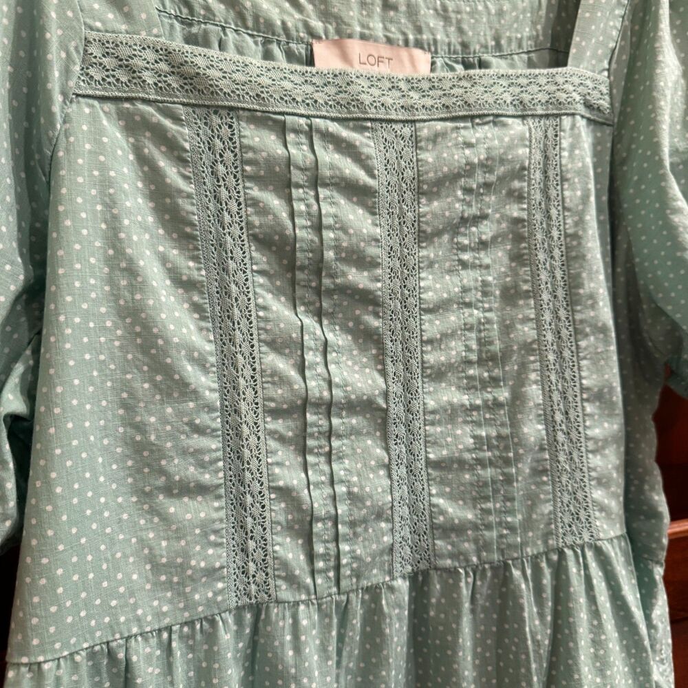 LOFT Women's Green Polka Dot Puff Sleeve Square Neck Cotton Blouse Top Large - Picture 5 of 13